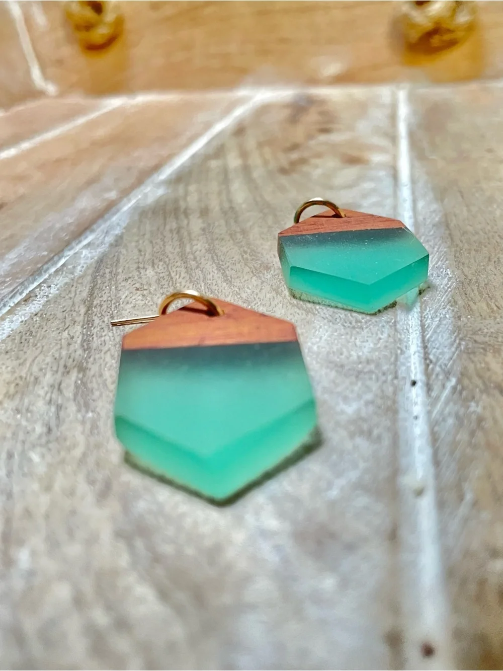 Handcrafted Seafoam Green Resin and Wood Geometric Drop Earrings - Elegantique